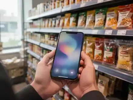 Eine Person betrachtet Lebensmittel in einem Supermarktregal mit einem Smartphone in der Hand. - Foto: über boerse-global.de