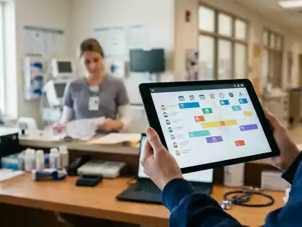 Ein Tablet mit einer digitalen Dienstplanungssoftware auf einem Tresen in einer modernen Klinikstation. - Foto: über boerse-global.de