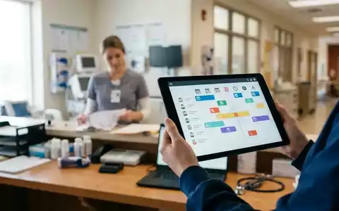 Ein Tablet mit einer digitalen Dienstplanungssoftware auf einem Tresen in einer modernen Klinikstation. - Foto: über boerse-global.de