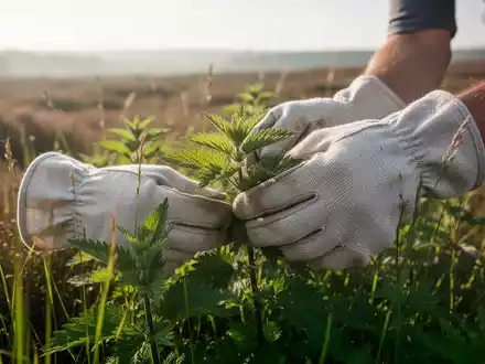 Hände beim Sammeln von frischen Brennnesseln auf einer sonnigen Wiese zur Verwendung als nährstoffreiches Wildkraut. - Foto: über boerse-global.de