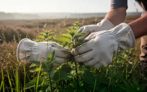 Hände beim Sammeln von frischen Brennnesseln auf einer sonnigen Wiese zur Verwendung als nährstoffreiches Wildkraut. - Foto: über boerse-global.de