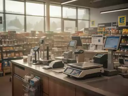 Ein moderner Servicebereich in einem EDEKA-Supermarkt mit Postschalter und Waage in einer hellen, freundlichen Umgebung. - Foto: über boerse-global.de