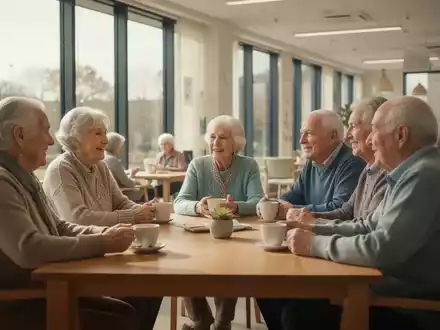 Eine Gruppe älterer Menschen sitzt gemeinsam an einem Tisch in einem hellen Gemeinschaftsraum und unterhält sich. - Foto: über boerse-global.de