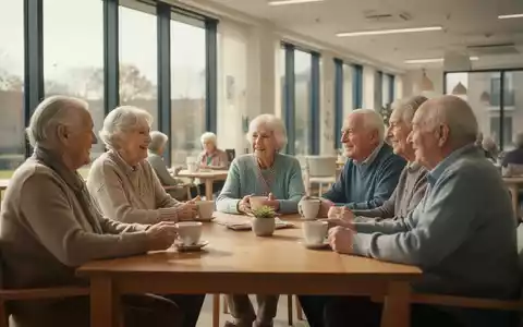 Eine Gruppe älterer Menschen sitzt gemeinsam an einem Tisch in einem hellen Gemeinschaftsraum und unterhält sich. - Foto: über boerse-global.de