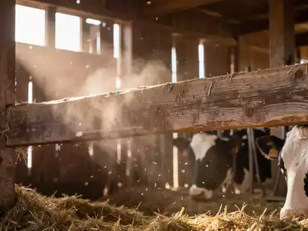 Natürliches Sonnenlicht fällt in einen staubigen Kuhstall, in dem die mikrobiologische Forschung zum Bauernhof-Effekt stattfindet. - Foto: über boerse-global.de