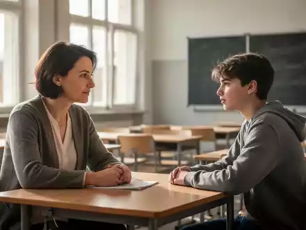 Eine Lehrkraft im Gespräch mit einem Jugendlichen in einem hellen, freundlichen Klassenzimmer. - Foto: über boerse-global.de