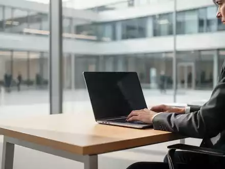 Eine Person arbeitet in einem modernen, hellen Büro an einem Laptop, umgeben von einer zeitgemäßen Behördenarchitektur. - Foto: über boerse-global.de