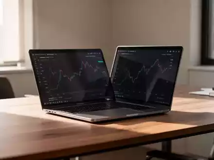 Ein minimalistischer Büroarbeitsplatz mit einem Laptop auf einem Holztisch bei natürlichem Tageslicht. - Foto: über boerse-global.de