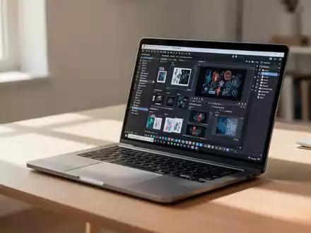 Ein moderner Laptop auf einem minimalistischen Schreibtisch in einem hellen Büro, der professionelle Software darstellt. - Foto: über boerse-global.de