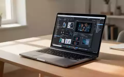 Ein moderner Laptop auf einem minimalistischen Schreibtisch in einem hellen Büro, der professionelle Software darstellt. - Foto: über boerse-global.de