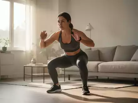 Eine Person in Sportkleidung führt in einem hellen, modern eingerichteten Wohnzimmer eine Kniebeuge als Teil eines Kurz-Workouts aus. - Foto: über boerse-global.de