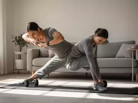 Eine Person trainiert in einem hellen Wohnzimmer für ein kurzes, effektives Fitnessprogramm zur Steigerung der Kraft. - Foto: über boerse-global.de