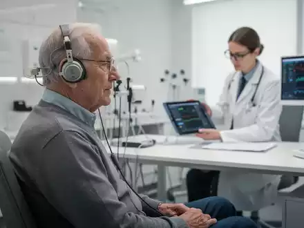 Ein Ă€lterer Patient bei einem medizinischen Hörtest in einer modernen Praxisumgebung. - Foto: ĂŒber boerse-global.de