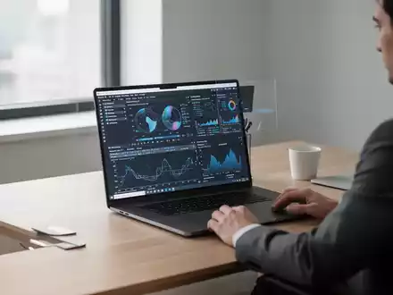 Ein moderner, aufgeräumter Büroarbeitsplatz mit einem Laptop, auf dem professionelle Datenanwendungen zu sehen sind. - Foto: über boerse-global.de