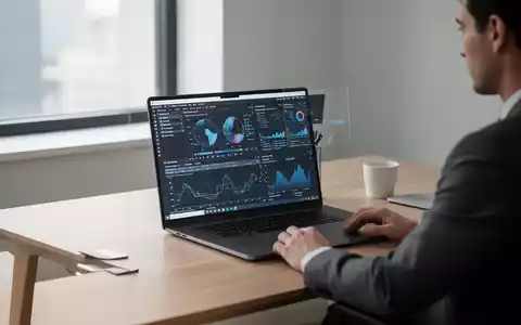 Ein moderner, aufgeräumter Büroarbeitsplatz mit einem Laptop, auf dem professionelle Datenanwendungen zu sehen sind. - Foto: über boerse-global.de