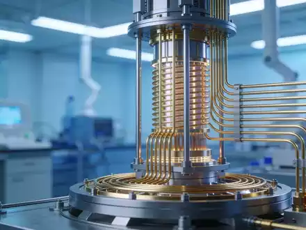 Ein hochmodernes Quantencomputer-Labor mit komplexer Kühltechnik und goldener Verkabelung in einer Forschungseinrichtung. - Foto: über boerse-global.de