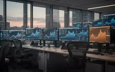 Leerer, moderner Handelsraum mit Finanzdaten auf Bildschirmen in gedimmtem Licht. - Foto: über boerse-global.de