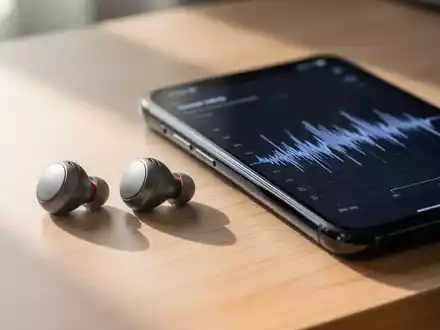 Draufsicht auf moderne kabellose Kopfhörer neben einem Smartphone mit einer grafischen Darstellung von Schallwellen. - Foto: über boerse-global.de