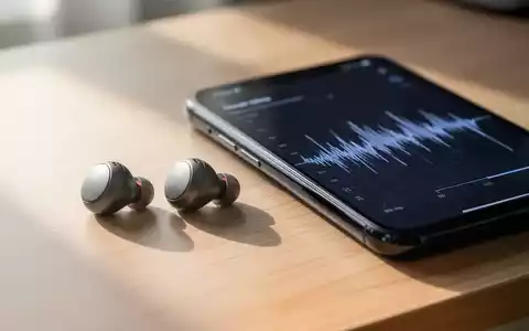 Draufsicht auf moderne kabellose Kopfhörer neben einem Smartphone mit einer grafischen Darstellung von Schallwellen. - Foto: über boerse-global.de