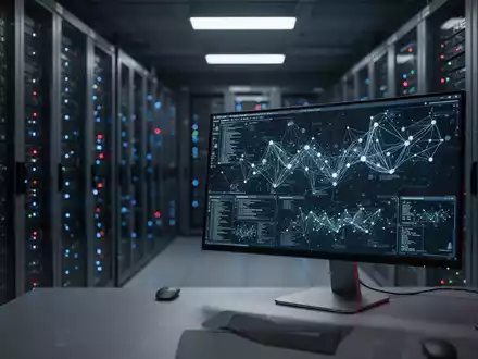 Ein moderner Serverraum mit blau leuchtenden Server-Racks und einer Workstation, die komplexe Cybersicherheitsdaten anzeigt. - Foto: über boerse-global.de
