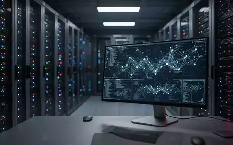 Ein moderner Serverraum mit blau leuchtenden Server-Racks und einer Workstation, die komplexe Cybersicherheitsdaten anzeigt. - Foto: über boerse-global.de