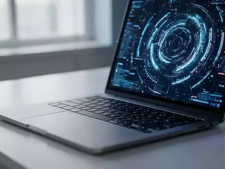 Ein moderner Arbeitsplatz mit einem Laptop, auf dessen Bildschirm abstrakte digitale Datenmuster zu sehen sind. - Foto: über boerse-global.de