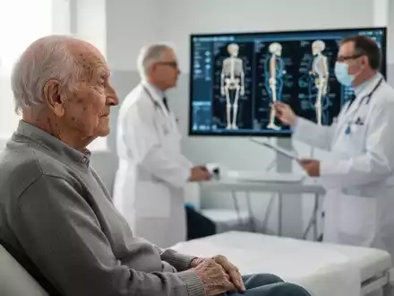 Ein Arzt betrachtet in einem modernen Behandlungsraum medizinische Aufnahmen der Knochenstruktur eines älteren Patienten. - Foto: über boerse-global.de