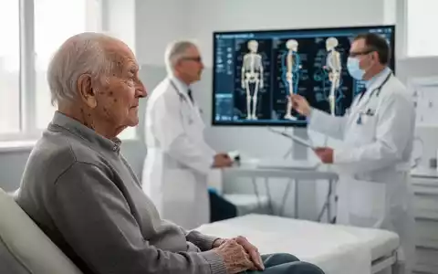 Ein Arzt betrachtet in einem modernen Behandlungsraum medizinische Aufnahmen der Knochenstruktur eines älteren Patienten. - Foto: über boerse-global.de