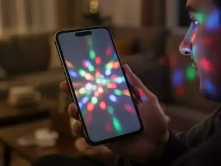 Nahaufnahme eines modernen Smartphones in einer Hand bei gedimmter Beleuchtung, das ein festliches, buntes Licht reflektiert. - Foto: über boerse-global.de