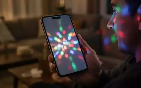 Nahaufnahme eines modernen Smartphones in einer Hand bei gedimmter Beleuchtung, das ein festliches, buntes Licht reflektiert. - Foto: über boerse-global.de
