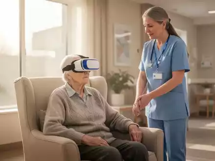 Eine ältere Person in einem Pflegeheim trägt eine Virtual-Reality-Brille, während eine Pflegekraft unterstützend daneben steht. - Foto: über boerse-global.de
