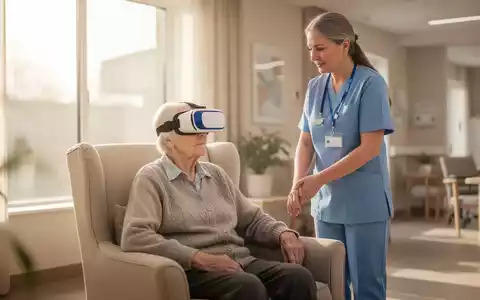 Eine ältere Person in einem Pflegeheim trägt eine Virtual-Reality-Brille, während eine Pflegekraft unterstützend daneben steht. - Foto: über boerse-global.de