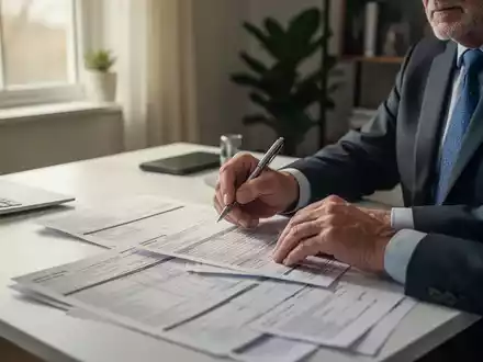 Ein älterer Arbeitnehmer prüft konzentriert Steuerunterlagen an einem Schreibtisch im Homeoffice. - Foto: über boerse-global.de
