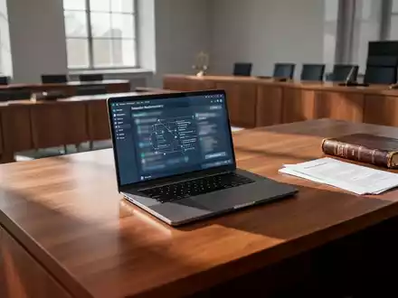 Ein moderner, minimalistischer Gerichtssaal mit einem Laptop auf dem Richtertisch und Dokumenten in natürlichem Licht. - Foto: über boerse-global.de