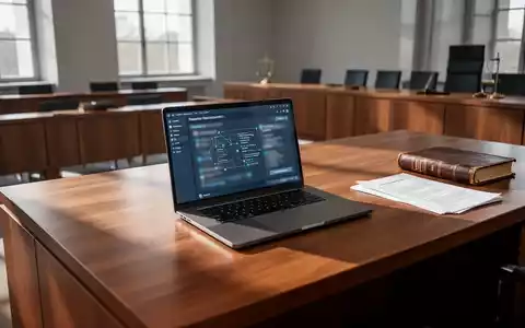Ein moderner, minimalistischer Gerichtssaal mit einem Laptop auf dem Richtertisch und Dokumenten in natürlichem Licht. - Foto: über boerse-global.de