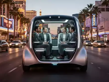 Ein fahrerloses, symmetrisches Robotaxi fährt auf einer beleuchteten Straße in Las Vegas, während Passagiere sich gegenübersitzen. - Foto: über boerse-global.de
