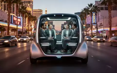 Ein fahrerloses, symmetrisches Robotaxi fährt auf einer beleuchteten Straße in Las Vegas, während Passagiere sich gegenübersitzen. - Foto: über boerse-global.de