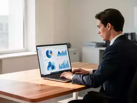 Ein Mitarbeiter arbeitet an einem Laptop in einem modernen Büro, umgeben von einer hellen und professionellen Arbeitsumgebung. - Foto: über boerse-global.de