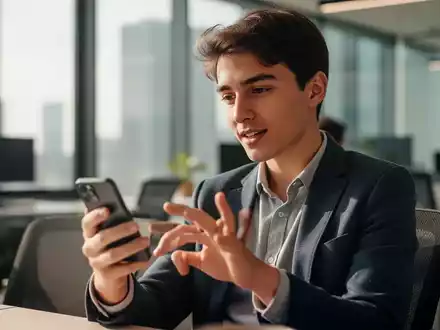 Eine Person interagiert in einem modern beleuchteten Büro mit einem Smartphone, während sie konzentriert auf das Gerät blickt. - Foto: über boerse-global.de