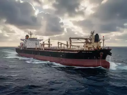 Ein großes Massengutschiff auf offener See unter einem bewölkten Himmel. - Foto: über boerse-global.de