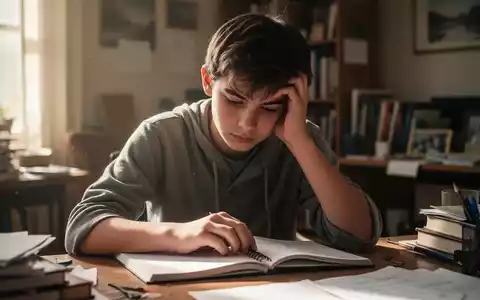 Ein junger Jugendlicher sitzt nachdenklich an einem Schreibtisch und stĂŒtzt den Kopf in die Hand. - Foto: ĂŒber boerse-global.de