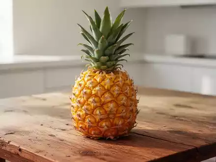 Eine frische Ananas liegt auf einem rustikalen Holztisch in einer hellen, minimalistischen Küche. - Foto: über boerse-global.de