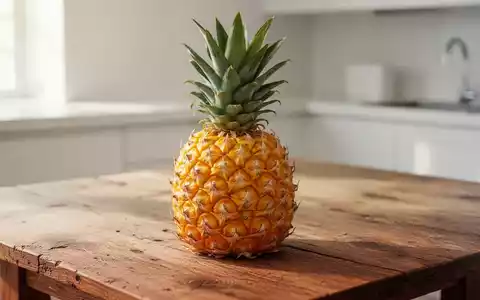 Eine frische Ananas liegt auf einem rustikalen Holztisch in einer hellen, minimalistischen Küche. - Foto: über boerse-global.de