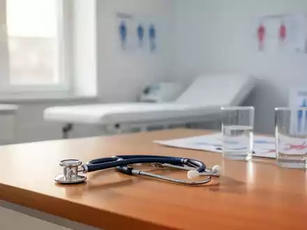 Ein Stethoskop und ein Glas Wasser auf einem medizinischen Untersuchungstisch in einem hellen, modernen Behandlungsraum. - Foto: über boerse-global.de