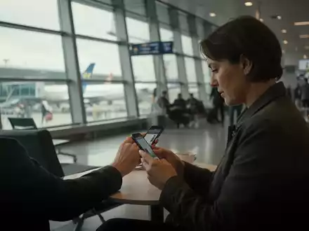 Eine Person nutzt ein Smartphone in einem öffentlichen WLAN-Bereich eines Flughafens. - Foto: über boerse-global.de