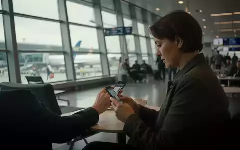 Eine Person nutzt ein Smartphone in einem öffentlichen WLAN-Bereich eines Flughafens. - Foto: über boerse-global.de