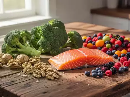 Frische, gesunde Lebensmittel wie Brokkoli, Walnüsse und Beeren auf einem Holztisch als Symbol für medizinische Ernährungstherapie. - Foto: über boerse-global.de