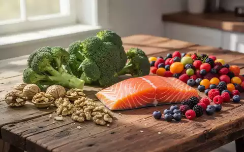 Frische, gesunde Lebensmittel wie Brokkoli, Walnüsse und Beeren auf einem Holztisch als Symbol für medizinische Ernährungstherapie. - Foto: über boerse-global.de
