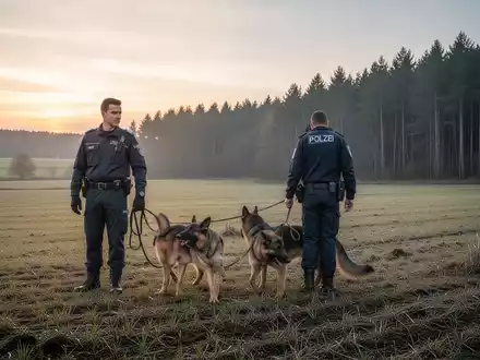 Such- und Rettungsteam mit einem Suchhund bei der Suche nach einer vermissten Person in einem Feld während der Morgendämmerung. - Foto: über boerse-global.de