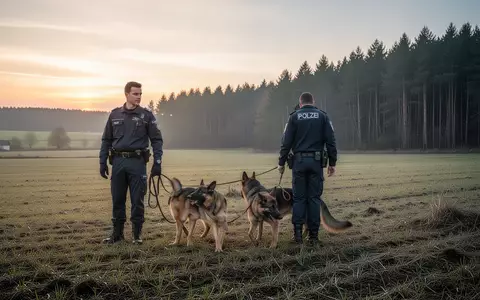 Such- und Rettungsteam mit einem Suchhund bei der Suche nach einer vermissten Person in einem Feld während der Morgendämmerung. - Foto: über boerse-global.de